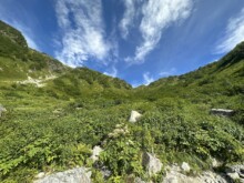 シシウドが原まできました。ここから右に進み、右手の山の裏側に回り込みます。